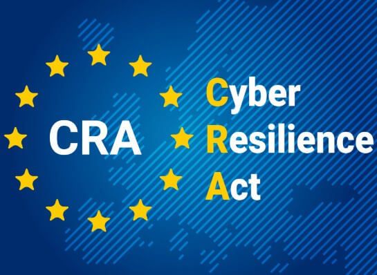 Map of the EU with a halo of stars and the words &ldquo;CRA Cyber Resilience Act,&rdquo; a visualization of cybersecurity