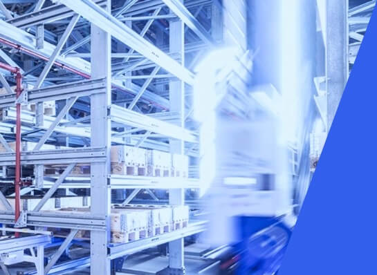 Warehouse through which a storage and retrieval machine moves, which is designed with motion blur and a colored cutout at the bottom right