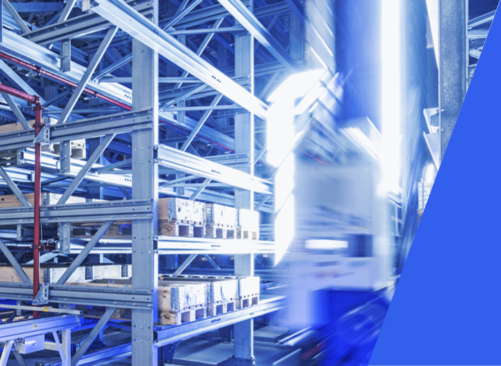 Warehouse through which a storage and retrieval machine moves, which is designed with motion blur and a colored cutout at the bottom right