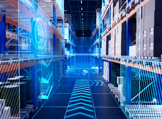 Warehouse with shelves, boxes and digital graphic elements such as arrows and lines on the floor