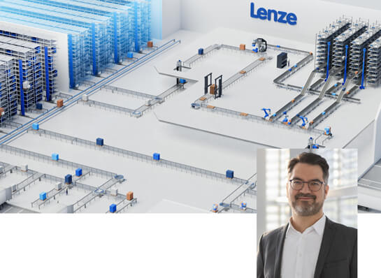 Warehouse with overlay of a picture of a Lenze employee