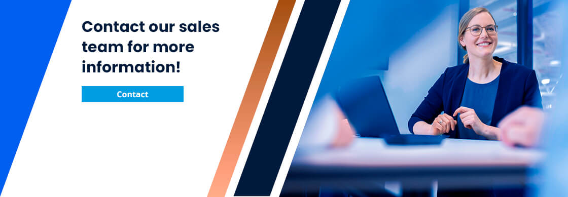 Picture with a woman sitting at a laptop smiling and the text "Contact our sales team for more information"