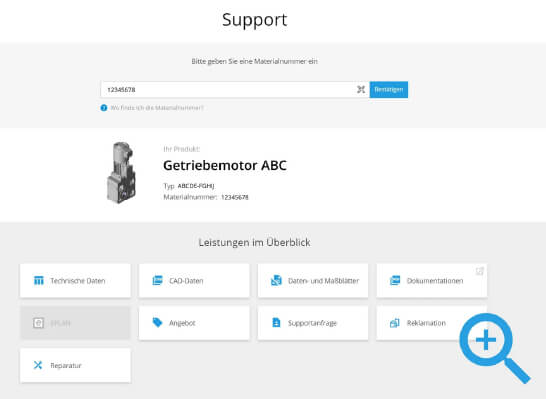 Screenshot of the Lenze support website showing a product image and multiple buttons for service options