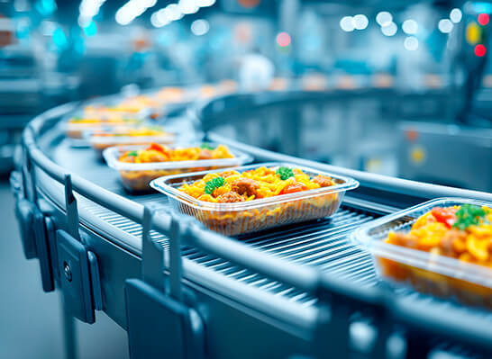 Several ready meals in rectangular plastic trays on a conveyor belt