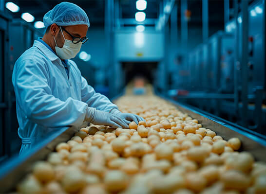 Person in sanitary clothing sorts food on a conveyor belt