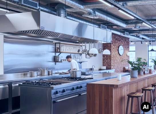 Modern commercial kitchen with stainless steel ventilation hood, kitchen ventilation system and energy-efficient airflow technology.