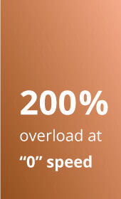 Image with the text "200% overload at "0" speed" in shiny copper colour tone