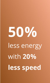 Image with text "50% less energy with 20% less speed"