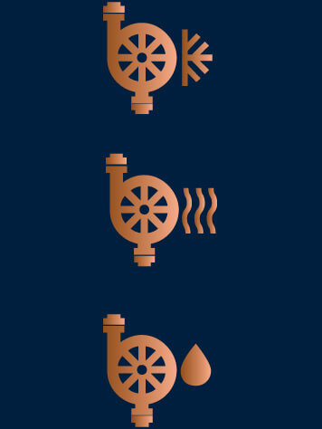 Display of three pump icons in shiny copper with a dark blue background to symbolize the various applications of pumps